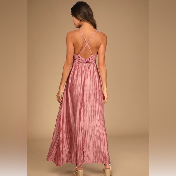 Lulus Alluring Aura mauve crochet lace crinkle backless maxi dress - Picture 3 of 10